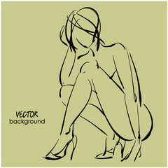 art sketched vector with nude sitting beautiful young  sexy woman 