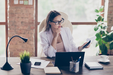 Portrait of her she attractive classy chic focused busy lady skilled qualified partner analysing...
