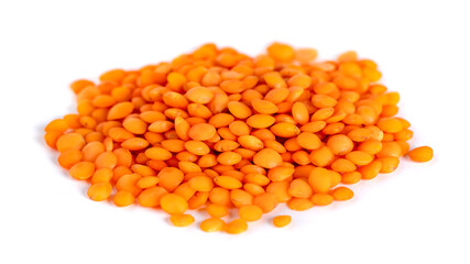 Pile red lentils isolated on white background