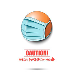 Ping-pong ball with a protection mask. Caution! wear protection mask. Stop coronavirus covid-19 outbreak. Risk disease. Cancellation of sports tournaments. Pattern design. Vector illustration