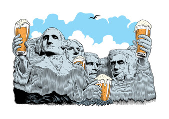 Four presidents drinking beer. Rushmore. Comic style vector illustration.