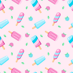 Ice cream vector seamless pattern isolated on pink background. Hand drawn colorful summer dessert with fruits and leaves. Illustration in flat style. Design for banner, wallpaper, wrapping, textile