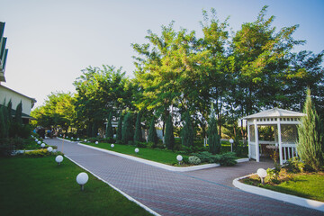 White wooden arbor on the street in a green park. A cozy place to spend time