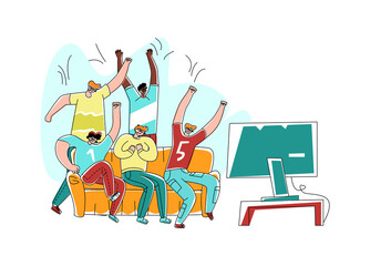 Vector flat illustration abstract fans who are happy about victory their favorite team, athlete. Concept fan groups, betting, sports, football, hockey, etc. It can be used in web design, banners, etc.