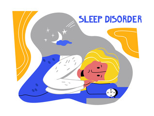 Vector flat illustration woman who can t sleep at night. Concept of sleep disorders, insomnia, depression, and anxiety. It can be used in web design, banners, etc.