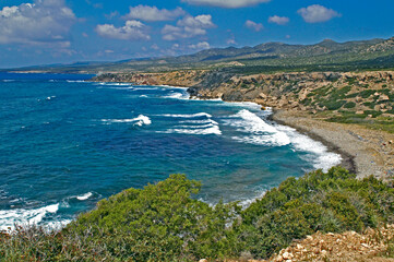 Fototapeta na wymiar The wild and deserted coastline of the Akamas conservation area in Cyprus
