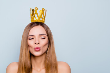 Close up photo portrait of cute pretty attractive brunette she her girlfriend making wish prince would come from far far away to save prisoned princess isolated on grey background © deagreez