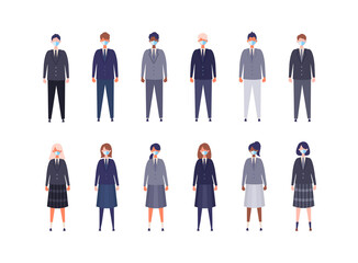 Group of masked students from high and middle school. Vector illustration of boys and girls in uniform of different colors.