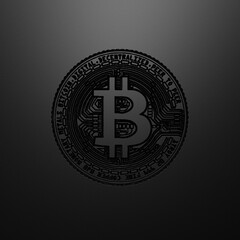 Bitcoin Symbol Burnt on the Surface of Carbon. Black Background. 3D Render.