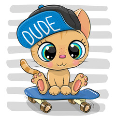 Cartoon Kitten with skateboard on a striped background