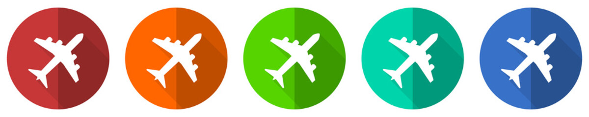 Obraz premium Flight icon set, plane, aircraf, red, blue, green and orange flat design web buttons isolated on white background, vector illustration