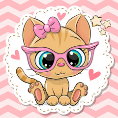 Naklejka premium Cartoon orange Kitten girl in pink eyeglasses with a bow