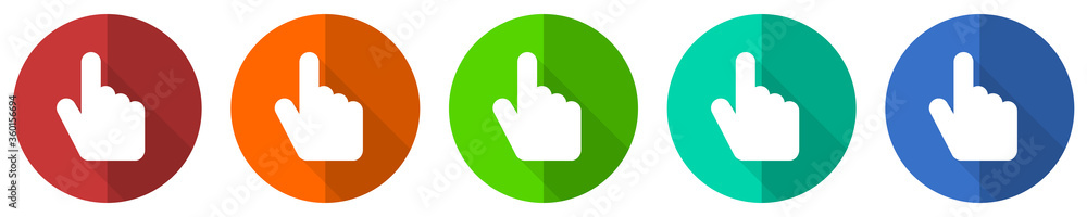 Aufkleber cursor hand icon set, red, blue, green and orange flat design web buttons isolated on white backgrou