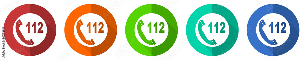 Poster emergency call icon set, red, blue, green and orange flat design web buttons isolated on white backg