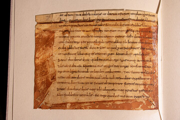 Anglo-saxon leaf showing script by scribe Cundpato from the C8th or C9th written on parchment. 
