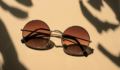 Brown sunglasses in a round shape. Bright sunlight.