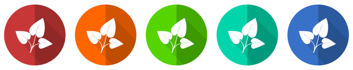 Leaf icon set, red, blue, green and orange flat design web buttons isolated on white background, vector illustration