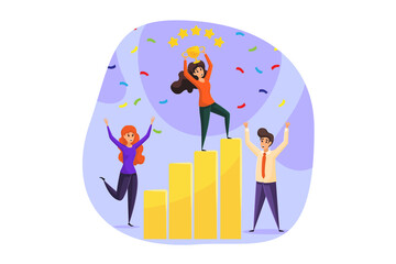 Rating, success, celebration, goal achievement, business profit, teamwork concept. Team of businessman women partners coworkers rejoice victory with gold trophy cup. Five star ranking reaching purpose