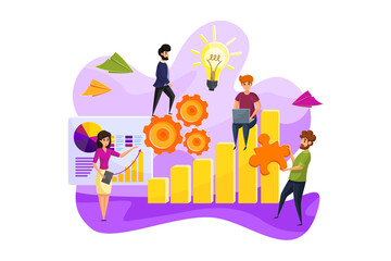 Business, leadeship, teamwork, technology, analysis concept. Young businessmen women programmers hr managers coding together. Team building and career growth with IT software development illustration.