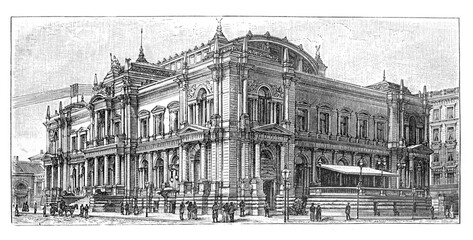 Leipzig Stock exchange building in Germany Europe / Antique engraved illustration from Brockhaus Konversations-Lexikon 1908	