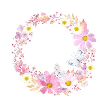 Wreath with flowers cosmos, chamomiles and butterflies. Vector romantic frame, illustration in vintage watercolor style.