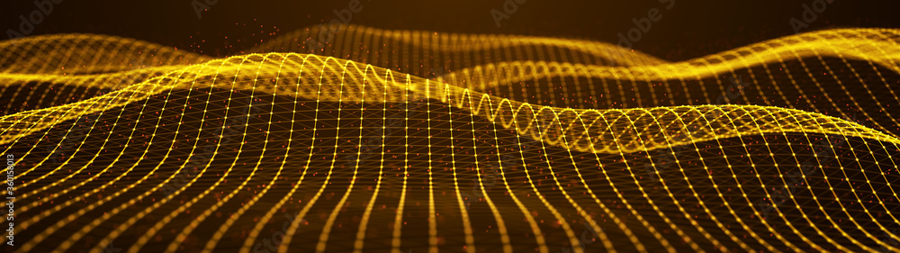 Poster abstract dynamic wave of points and lines. perspective grid. big data. network of particles. digital