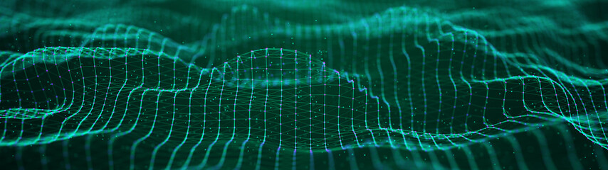 Abstract dynamic wave of points and lines. Perspective grid. Big data. Network of particles. Digital background. 3d rendering.