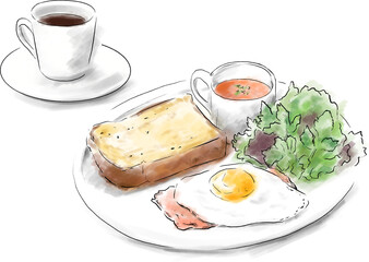 朝ごはんの水彩イラスト