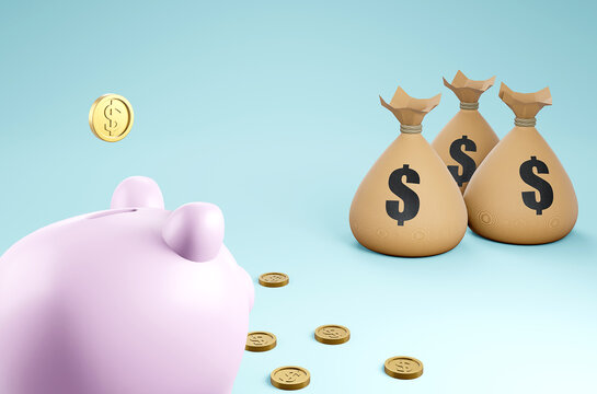 3D render piggy bank with coin, money pictures concept.