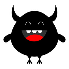 Monster black silhouette. Happy Halloween. Cute kawaii cartoon scary funny character icon. Eyes, horns, hands, teeth, smile. Funny baby collection. White background. Isolated. Flat design.