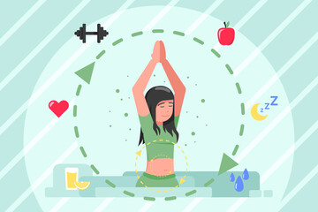 Healthcare, medicine, metabolism, lifestyle concept. Conversion of nergy from food to sleep of young sporty woman. Healthy nutrition and lifestyle digestive tract and biochemistry synthesis process.