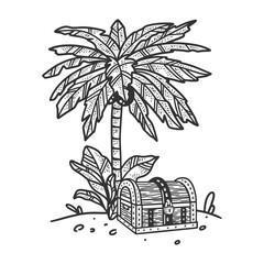 uninhabited island in ocean with palm tree and treasure chest sketch engraving vector illustration. T-shirt apparel print design. Scratch board imitation. Black and white hand drawn image.
