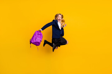 Full length body size view of nice small little cheerful cheery crazy glad overjoyed girl learner...