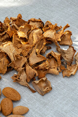 dried chanterelles and not peeled almonds on a canvas napkin. veggie set