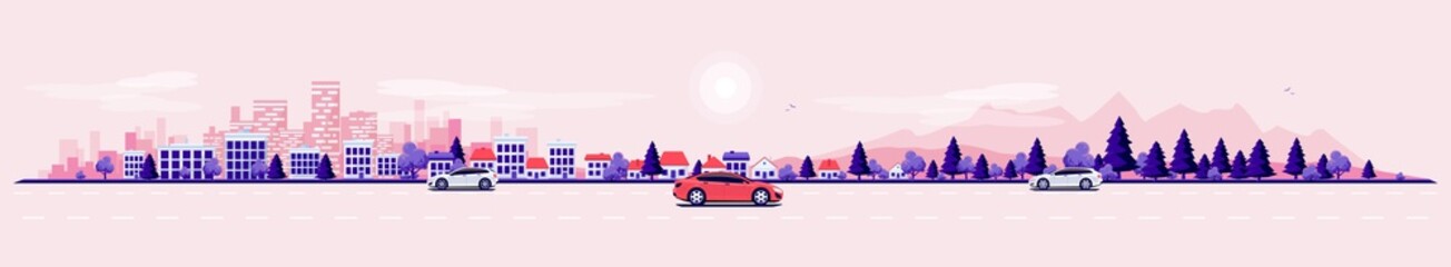 Empty road traffic in urban landscape street with cars, city skyline office buildings, family houses in town and mountain with trees in background. Pink violet flat vector cartoon style illustration.