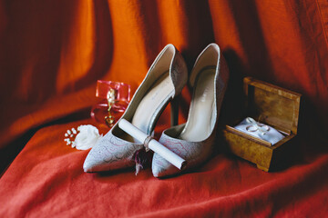  shoes on a red background