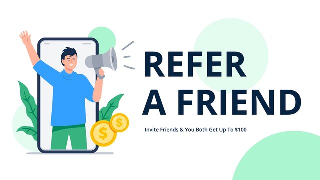 A man shouts into a megaphone to attract friends. Refer a friend or referral marketing concept. Social media marketing. Trendy flat vector illustration for banners, landing page template, mobile app.