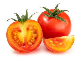 Red Tomato isolated on white background, Fresh Tomatoes and slice on white.