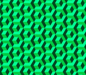 Abstract seamless pattern of geometric cubes. Green color. 3D vector background. Modern stylish texture.