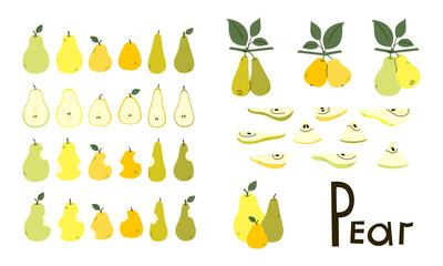 Pears whole, cut, bitten. Pear half and slices. Pear tree branches with leaves. Set of vector objects in yellow, green, orange colors isolated on white. Positive flat design. Cartoon style. Clip art
