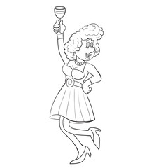 sketch woman dancing and holding a glass of champagne in her hands,, isolated object on a white background, vector illustration,