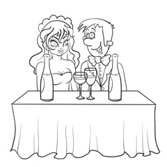 sketch bride and groom are sitting at the table, on the table is a bottle of champagne and glasses, isolated object on a white background, vector illustration,