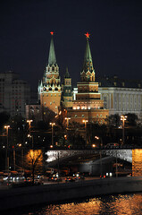 Evening panorama of the Kremlin and the Grand Kremlin Palace. View from the Big Stone Bridge. Autumn in Moscow.