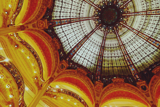 Stained glass art nouveau style in the ceiling of Lafayette Galleries in Paris