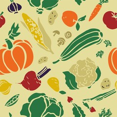 Seamless pattern of vegetables. Hand-drawn carrots, pumpkin, zucchini, potatoes for harvest festivals, Wallpaper, wrapping paper, fabric for kitchen, organic life. Vector cute illustratration