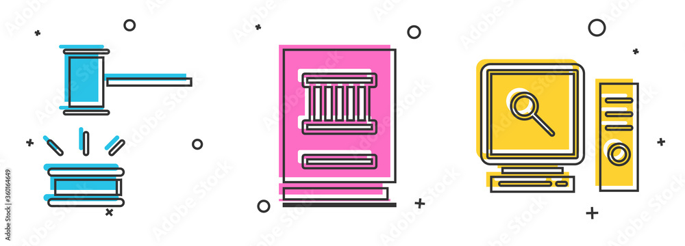 Poster set judge gavel, law book and search on computer screen icon. vector.