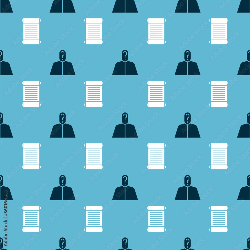 Poster set anonymous with question mark and decree, paper, parchment, scroll on seamless pattern. vector.