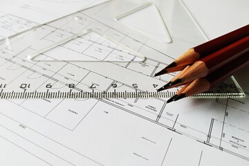 Construction drawing Architecture Detail White paper with dimensions and lines with pencil and ruler