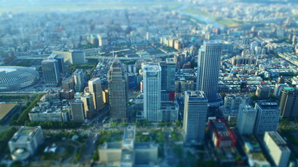 Looking down at a city skyline at noon