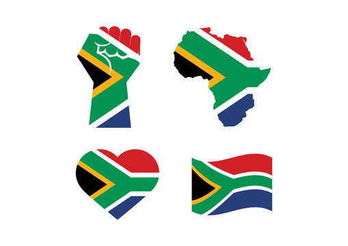 South African Flag in various shape icon set vector. Flag of South Africa in the shape of a clenched fist, heart and African continent. Flag of South Africa icon set isolated on a white background